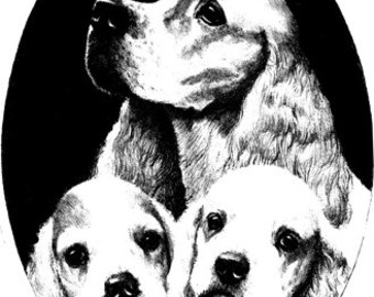 cocker spaniel momma dog puppies animal art clipart png download digital vintage image graphics pets black and white artwork