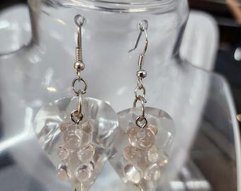 opaque pink gummy bear charm white guitar pick earrings dangles handmade music jewelry