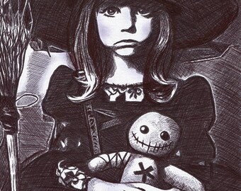 Little Witch Girl with creepy rag doll ink drawing, original dark art , pen drawings cross hatch art black & white art Elizavella