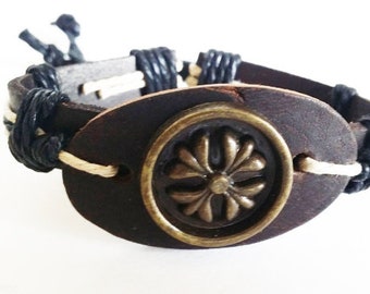 brown leather goth cuff bracelet flower charm unisex bracelet biker punk boho jewelry