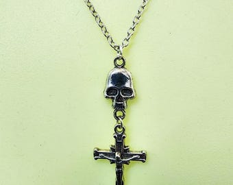 silver skull necklace, cross crucifix necklace, unisex mens womens goth biker punk jewelry