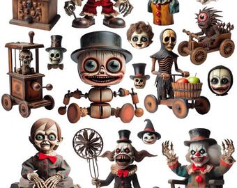 spooky evil toys dolls digital clipart set collage sheet png jpg printable art digital download