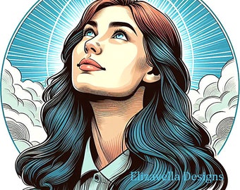 womans face looking up to heaven printable art clipart png jpg color illustration digital download