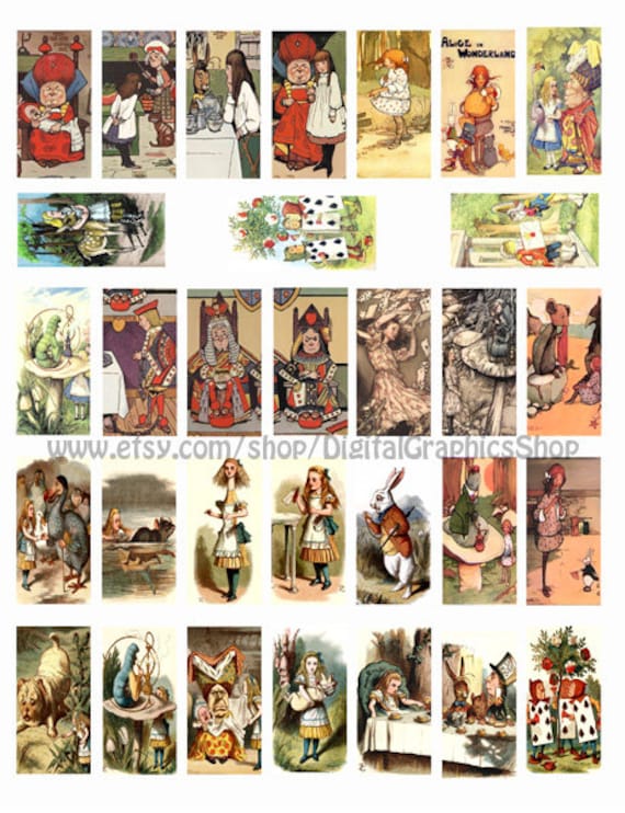 vintage alice in wondeland, childrens book art, clipart, 1800s 1900s, digital collage sheet, instant download, 1" x 2" domino printables