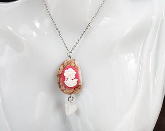 red marble gemstone Victorian lady cameo pendant necklace silver tone chain handmade jewelry