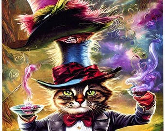 mad hatter cat Alice in wonderland -original art - surreal 8x10 inch semi gloss fantasy fairytale Anthropomorphic art print