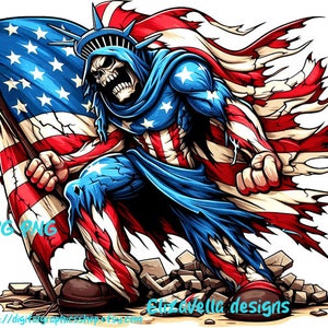 tattered American USA Flag png clipart skeleton super hero skull patriotic art digital download