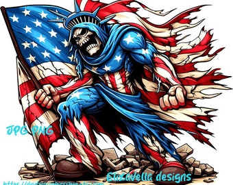 tattered American USA Flag png clipart skeleton super hero skull patriotic art digital download
