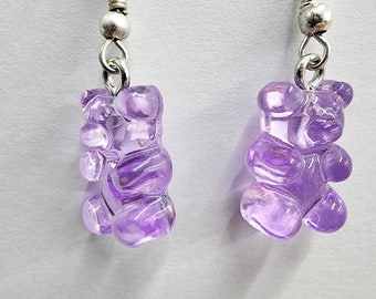 purple gummy bear earrings, acrylic earrings, plastic charms, handmade minimal jewelry