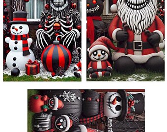 spooky goth christmas decorations outdoor scene digital collage sheet download santa snowman 4" x 6" inch photography clipart printable