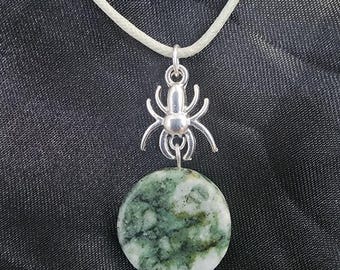 green marble circle gemstone necklace stone pendant spider charm handmade natural jewelry