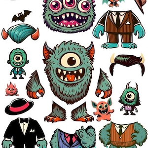 Monster Mann Papierpuppe mit Kleidung Collage Blatt, digitaler Download, Kinder Bastelarbeiten zum ausdrucken