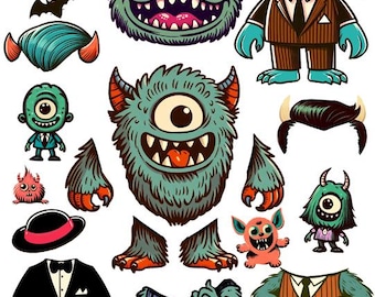 monster man paper doll with clothes collage sheet, digital download, kids printable craft cut outs
