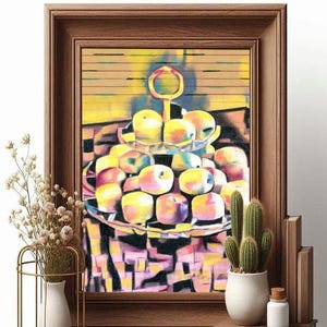 fruit bowl apples abstract drawing, cubist drawings, original colored pencil art drawing, still life art, yellow and black, modern