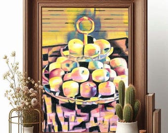 fruit bowl apples abstract drawing, cubist drawings, original colored pencil art drawing, still life art, yellow and black, modern