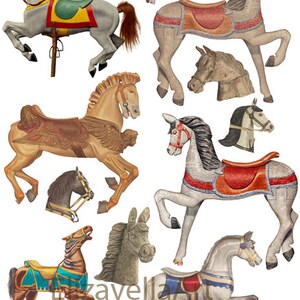 vintage carousel toy horses art clipart set png jpg Digital Collage Sheet print download