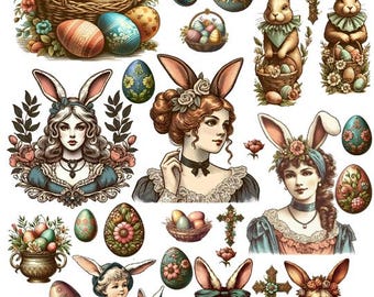 Easter Bunny women children art printable, collage sheet clipart digital print original art download