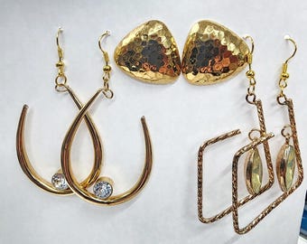 gold toned metal drop dangle mixed earrings lot hoops posts vintage jewelry