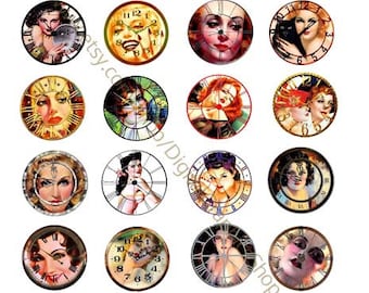 clock faces pinup girls collage sheet 1.5" inch circles retro clipart, digital print, instant download, altered art printables