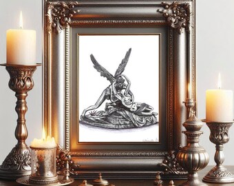 Cupid and Psyche pen ink DRAWING Goddess love romance art, ORIGINAL art, fantasy Angel illustration, greek Mythology outsider art