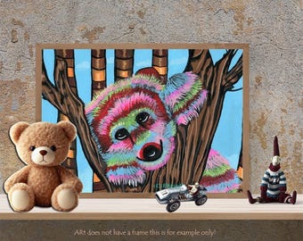 happy rainbow bear cub original art painting, abstract art, trees, animal art, colorful wildlife outsider folk art