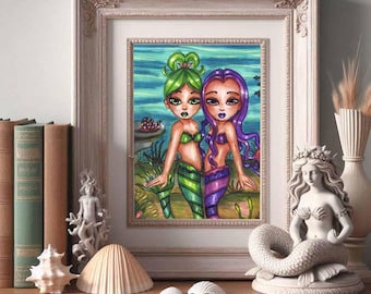 Mermaid twin sisters original art print big eye art original drawing fantasy fairytale outsider art By Elizavella