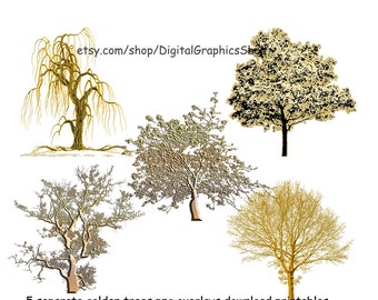 5 golden trees png overlays gold trees clipart printable art jpg digital instant download scrapbook journals cards tags