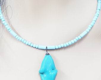 blue  glass beaded necklace, glass twisty pendant, wire necklace, handmade bead jewelry