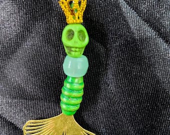 green sugar skull bead drop mermaid cord necklace day of the dead goth handmade jewelry