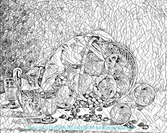 basket of fruit, still life, abstract mosaic art,  greyscale, adult coloring page, printable art, instant download, digital print, animals