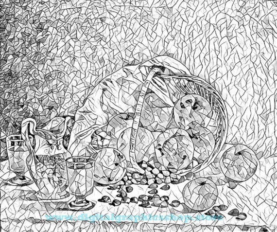 basket of fruit, still life, abstract mosaic art,  greyscale, adult coloring page, printable art, instant download, digital print, animals