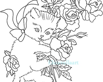 cat SVG, Cute cat with roses SVG, cat png Clipart, Cut File, cat coloring page, cat line art