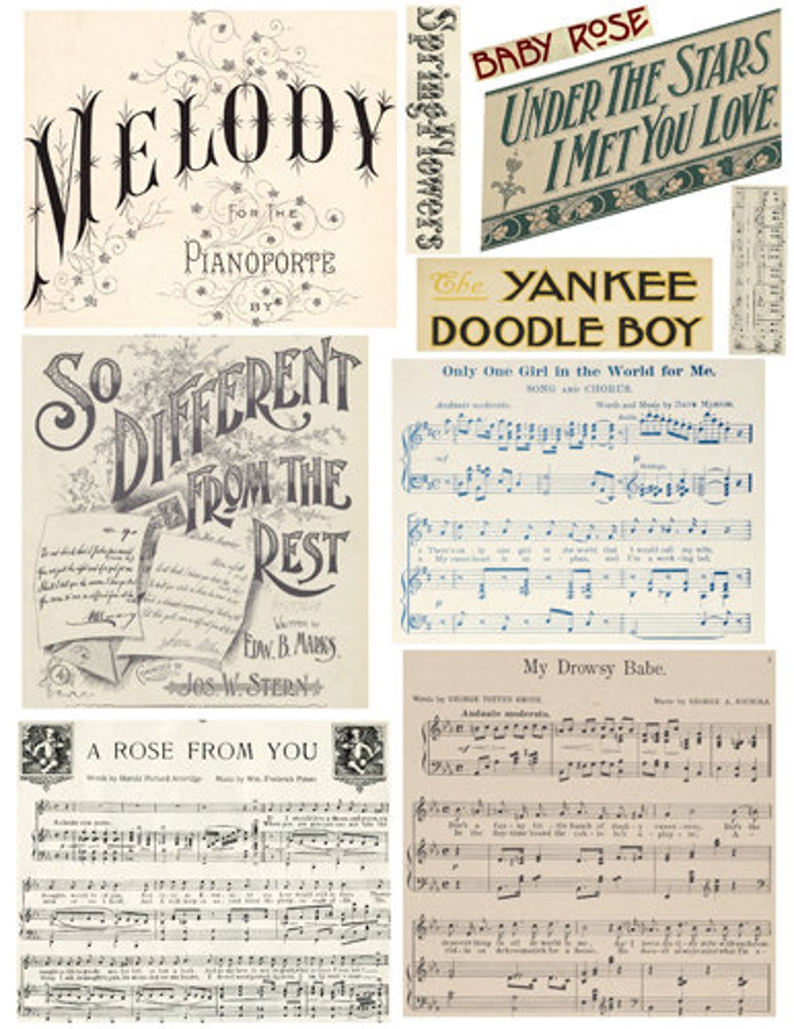 Oude bladmuziek woorden zinnen citaten tekst collage blad