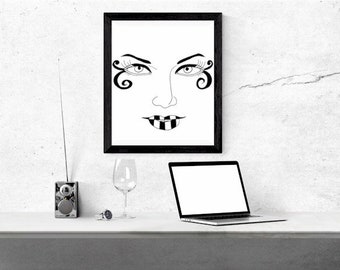womans face fun makeup clipart jpg png printable wall art digital download lipstick beauty graphics images black & white digital stamp