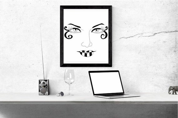 womans face fun makeup clipart jpg png printable wall art digital download lipstick beauty graphics images black & white digital stamp