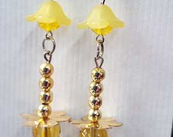 yellow and gold sequin flower bead drop earrings long dangles acrylic glass handmade jewelry