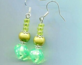 green bead drop earrings long dangles dice bead handmade beaded casino jewelry