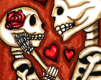 skeleton lovers romance -original day of the dead art - dark fantasy- 8x10 inch- horror goth art semi gloss print