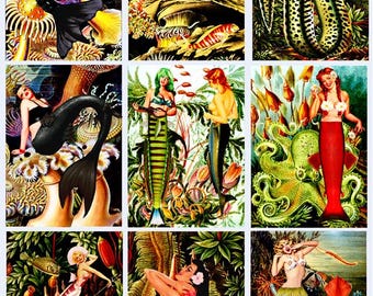 printable collage sheet pinup girl mermaids altered art fish ocean under water scenes digital download 2.5" x 3.5" aceo fantasy prints