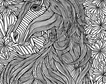 abstract horse face animal Printable Adult Coloring Page Coloring book page for adults & kids Coloring sheet line art