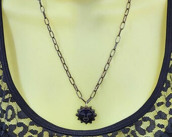 black sun happy face stone pendant necklace, black chain necklace, goth, unisex handmade celestial jewelry