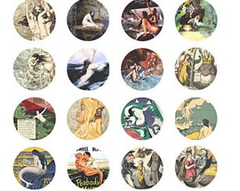 digital download collage sheet sea nymphs mermaids sirens vintage art clip art 1.5 inch circle images craft pendant printable jewelry