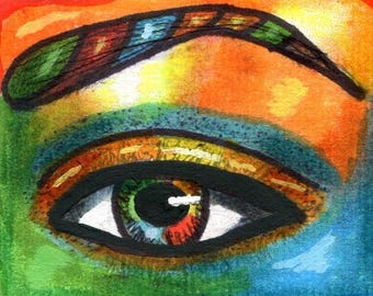 womans eye abstract aceo art original drawing, rainbow makeup art card miniature
