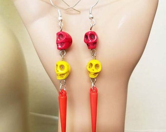 red yellow, sugar skull bead earrings, day of the dead jewelry, long dangles, skeleton, goth, handmade jewelry