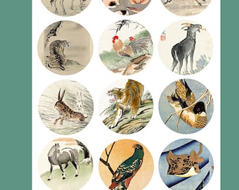 animal watercolor paintings digital collage sheet 2.5 inch circles vintage printable clipart digital print downloads