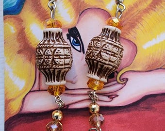 big bead drop brown earrings boho style long bead dangles handmade jewelry