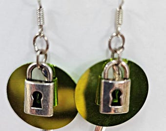 Padlock charms green sequin earrings handmade jewelry
