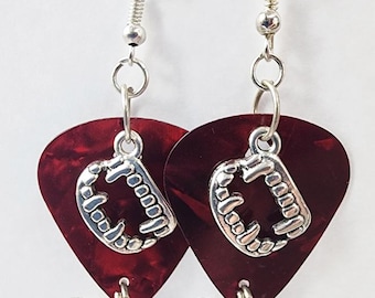 vampire fangs teeth charm red guitar pick earrings dangles handmade music jewelry