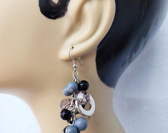 black and gray bead cluster earrings bead drop earrings handmade jewelry