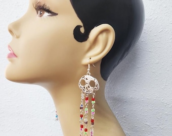 glass bead skull charm earrings long dangles handmade goth punk jewelry